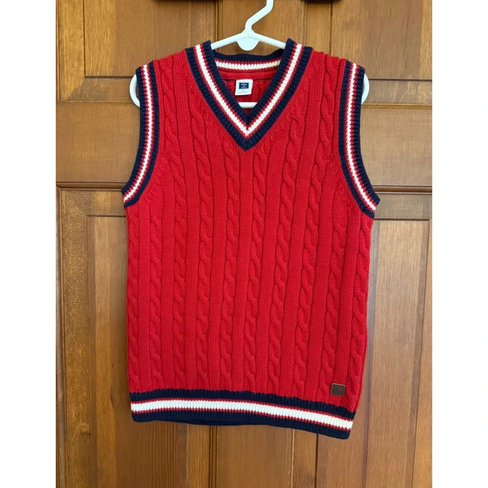 Janie and Jack Cable-Knit Sweater Vest Boys Size 7 Red/‎ Navy Cotton Preppy